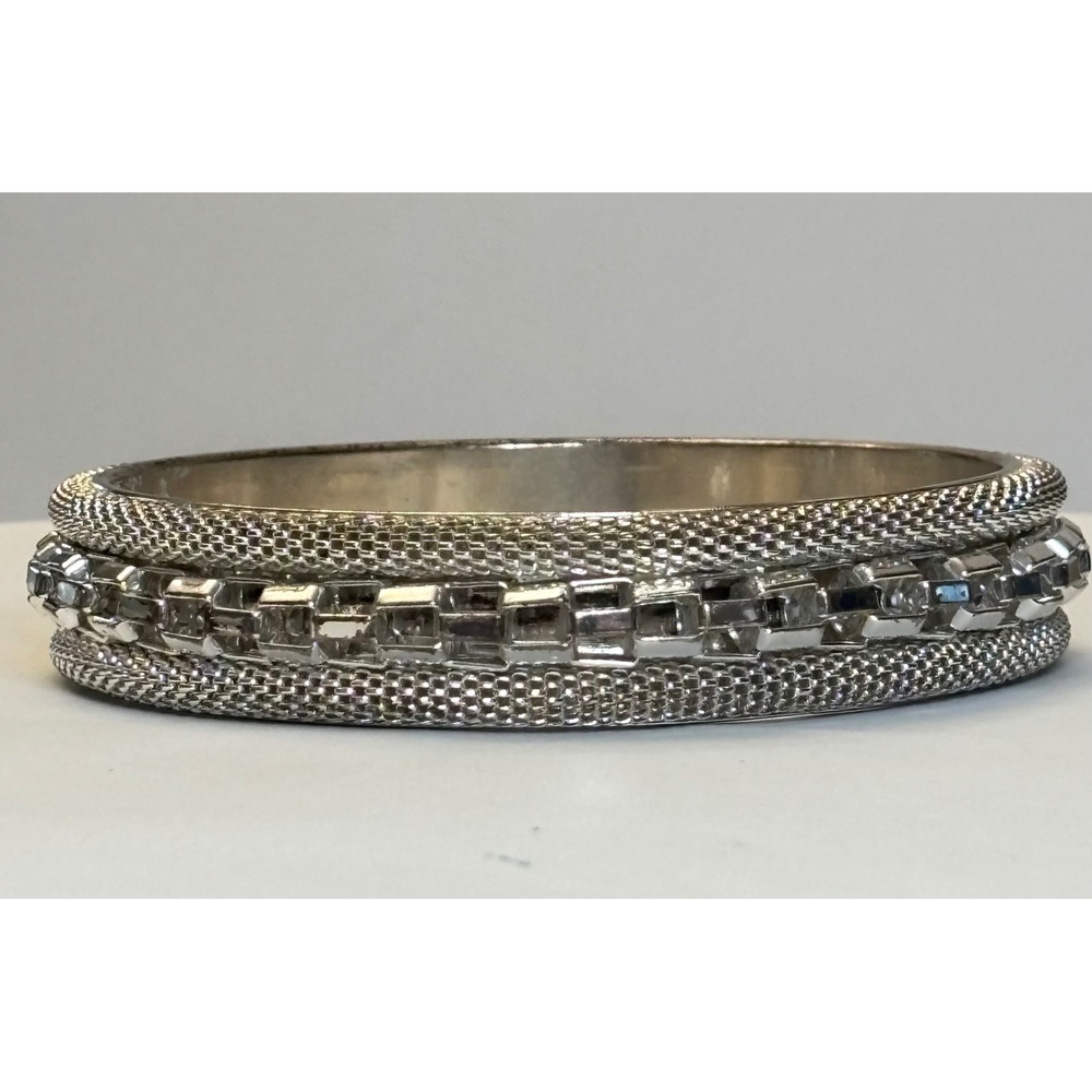 Vintage Silver Tone Mesh and Square Block Link Textured Bangle Bracelet 8in